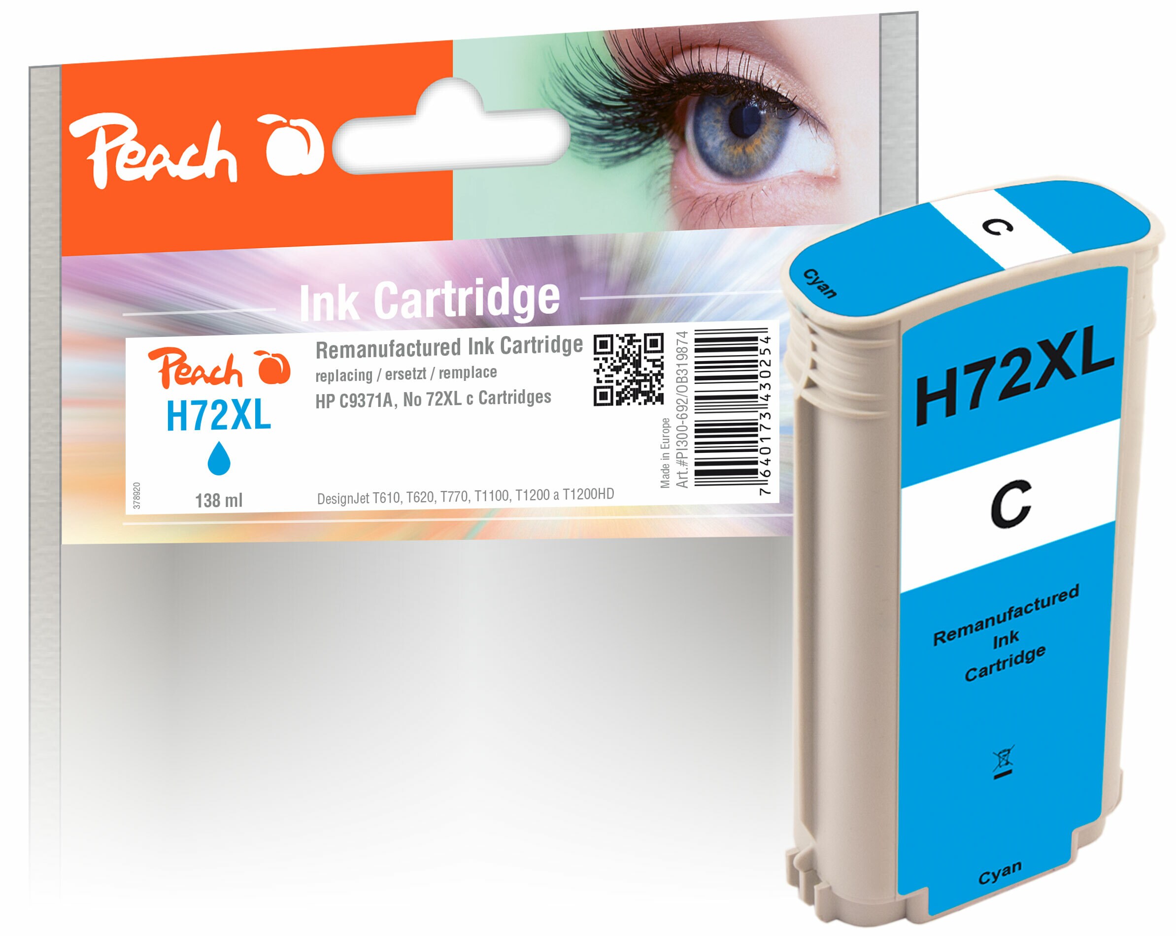 Peach HP 72 XLC Druckerpatrone XL cy ersetzt HP No. 72XL C, C9371A für z.B. HP DesignJet T 1100 24 Inch, HP DesignJet T 1100 44 Inch, HP DesignJet T 610 (wiederaufbereitet)