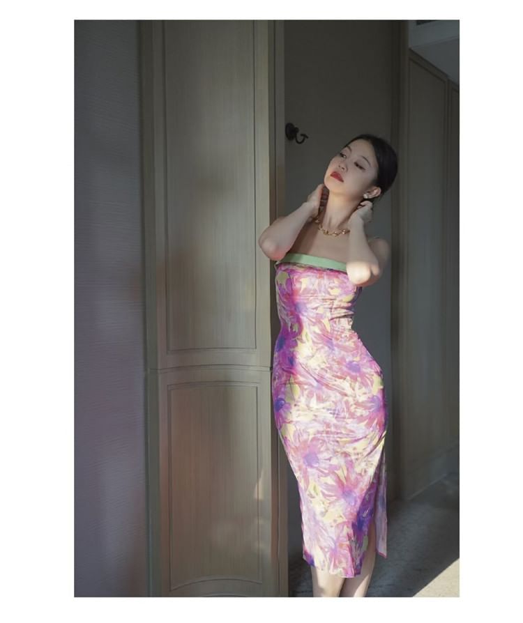 Triplgold - Spaghettibandjes bloemen midi bodyconjurk