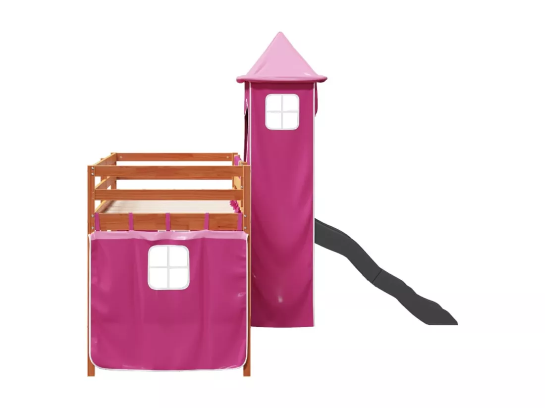 Lit mezzanine enfants avec tour rose 90x190 cm bois pin massif