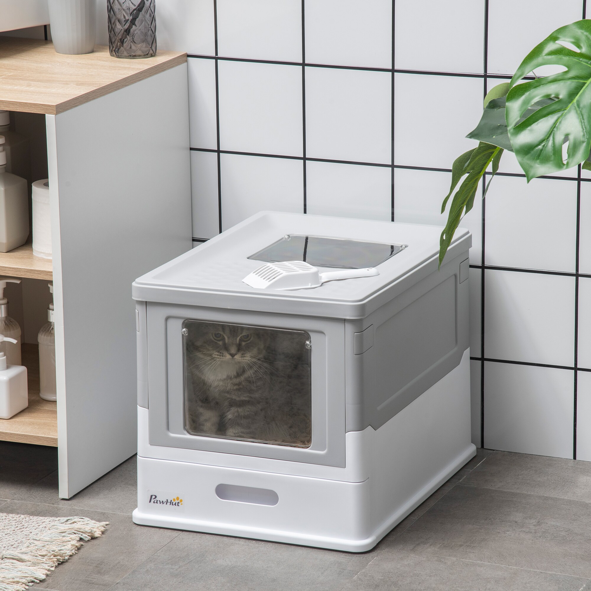 PawHut Katzentoilett mit ausziehbarer Schublade grau, weiß 47,5L x 35,5B x 36,7H cm
