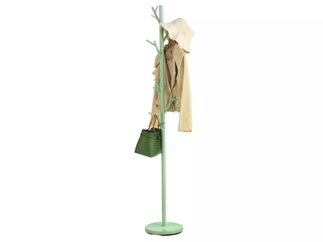 Porte-manteaux ZENO portant à vêtements sur pied en forme d'arbre avec 6 crochets sur différentes hauteurs, en métal laqué vert