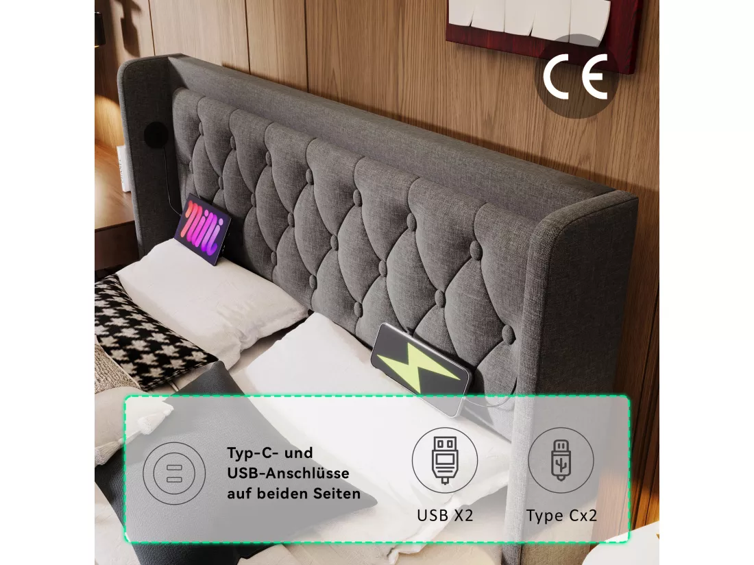 Lit coffre 140 x 200 cm avec tête de lit - Prises USB et Type-C - LEDs - Tissu en coton - Gris (sans matelas)