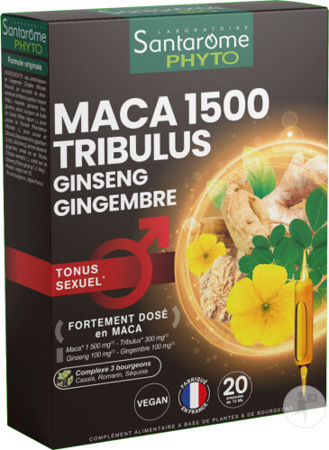 Santarôme Maca 1500 Tribulus Ginseng Gingembre Tonus Sexuel 20 Ampoules
