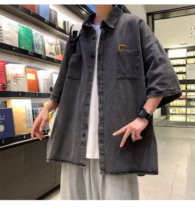 WidoWilder - Gewassen denim overhemd met korte mouwen en kraag