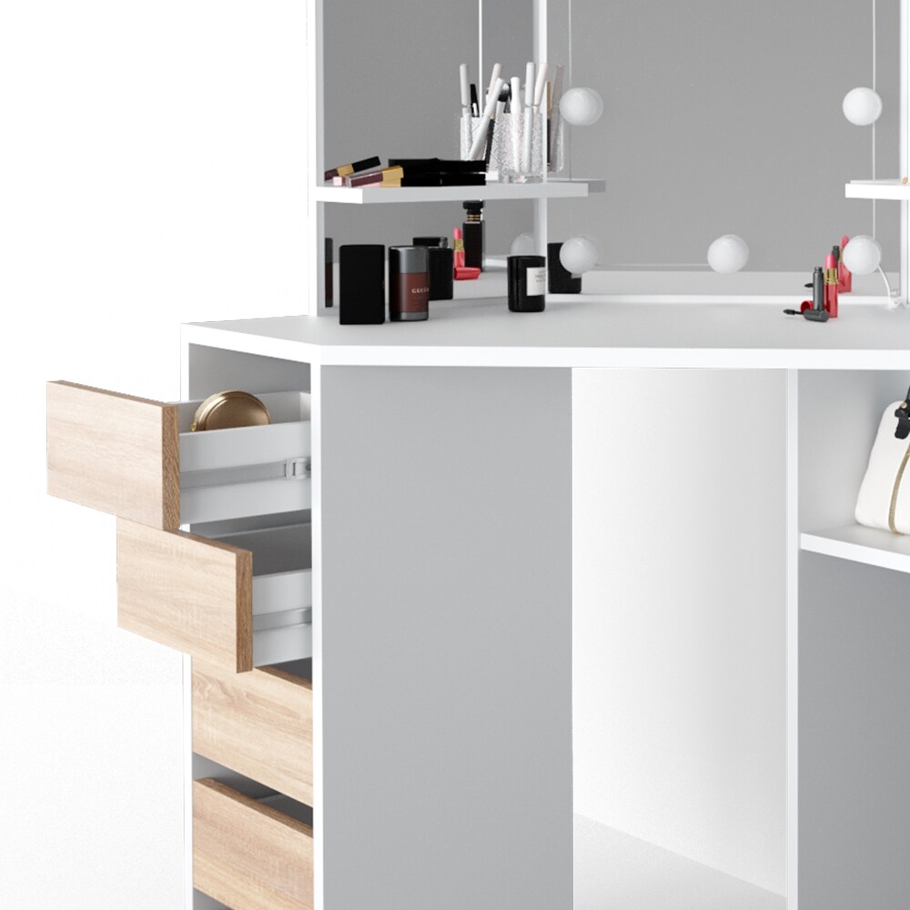 VICCO LED Eckschminktisch ARIELLE Kosmetiktisch Frisiertisch Weiß Eiche Hocker