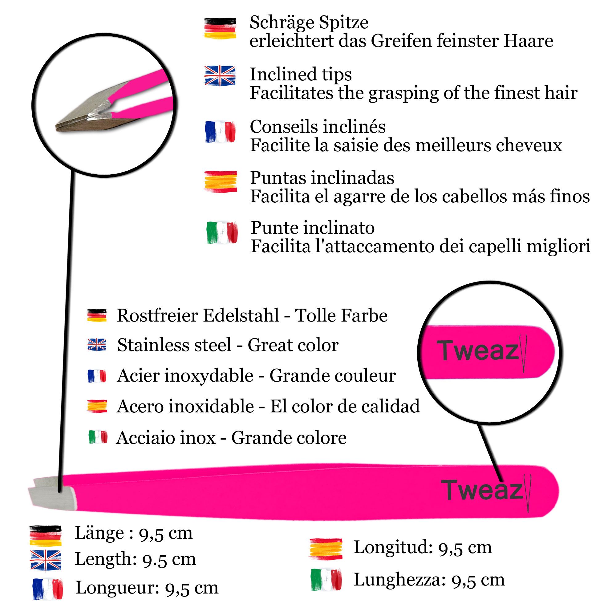 K-Pro TWEAZY Pinzette Augenbrauen zupfen Eyebrow Tweezer Edelstahl (Neon Pink)
