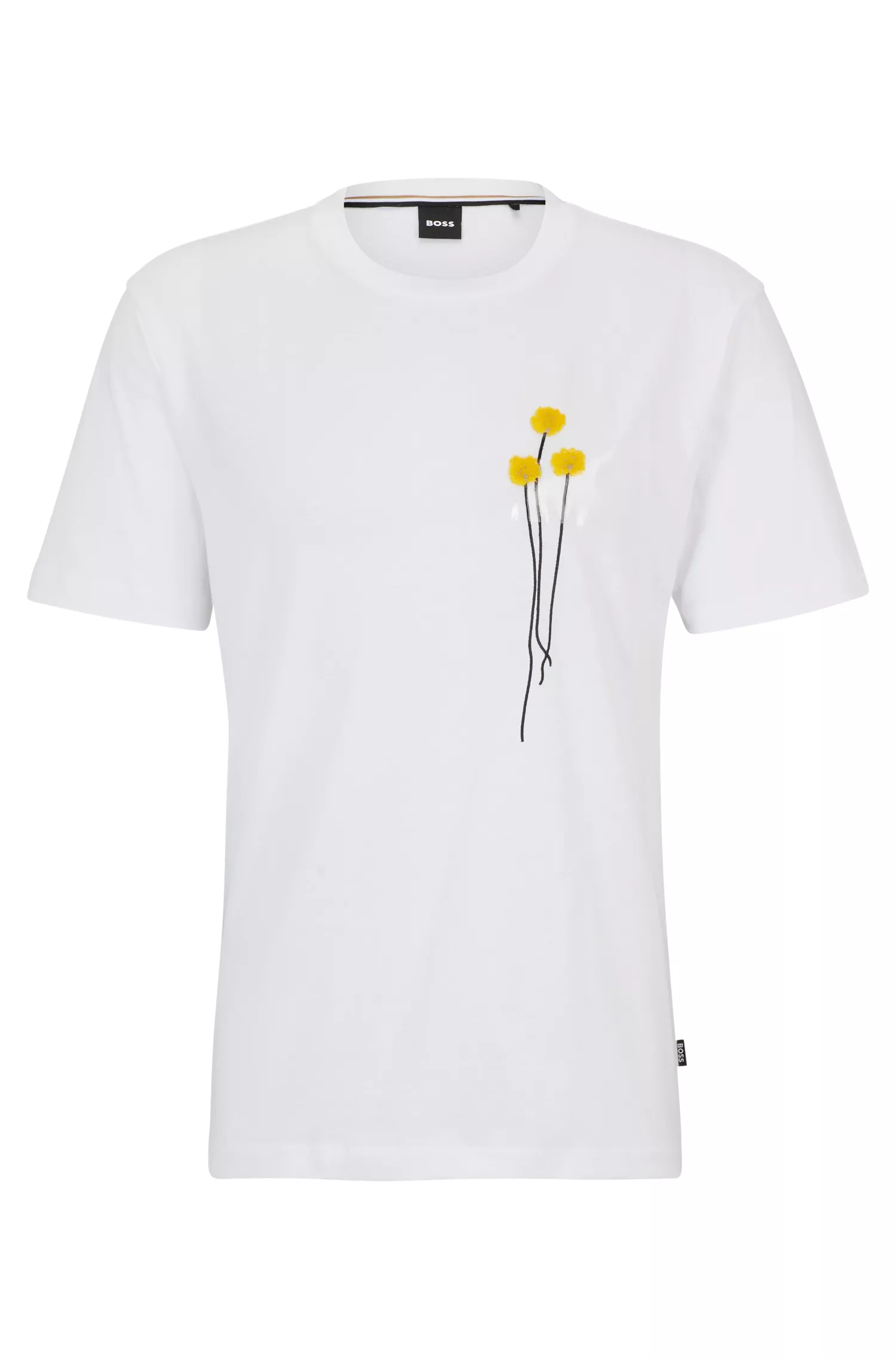 Camiseta BOSS preta em algodão interlock com pétalas de flores artificiais.