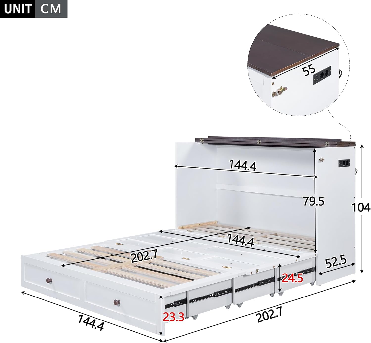 Schrankbett, 140X200cm, Mobiles Schrankbett mit Schubladen am Bettende und Regal am Kopfende des Bettes, mit USB und Steckdose, Umbaubares Plattformbett, Ohne Matratze, weiß