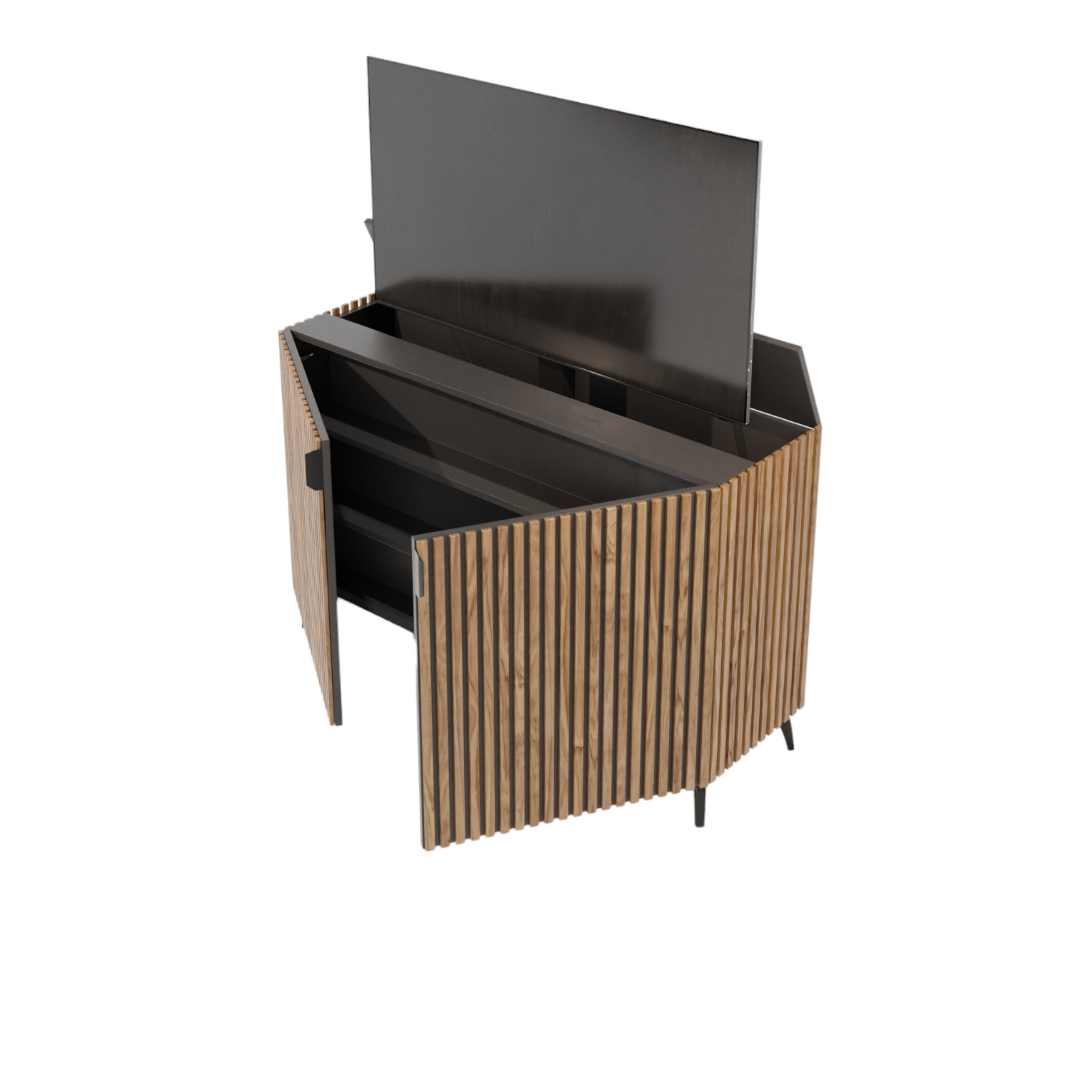 TV lift meubel Modern Latjes 55 inch 2 deurs rondom afgewerkt met latjes