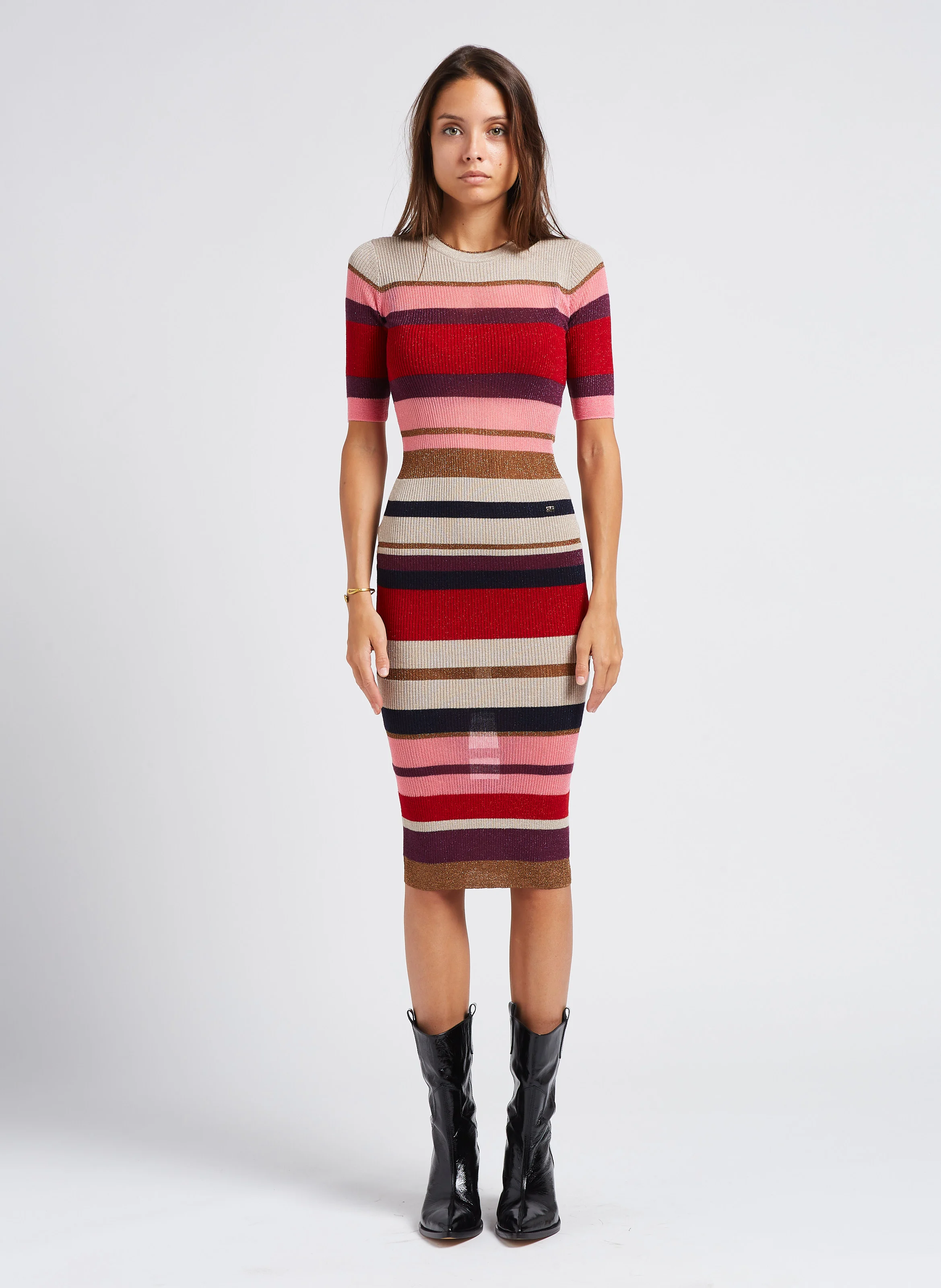 Robe midi col rond rayée en laine| Multicolore