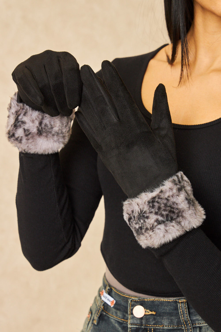 Gants tactiles noirs à fourrure