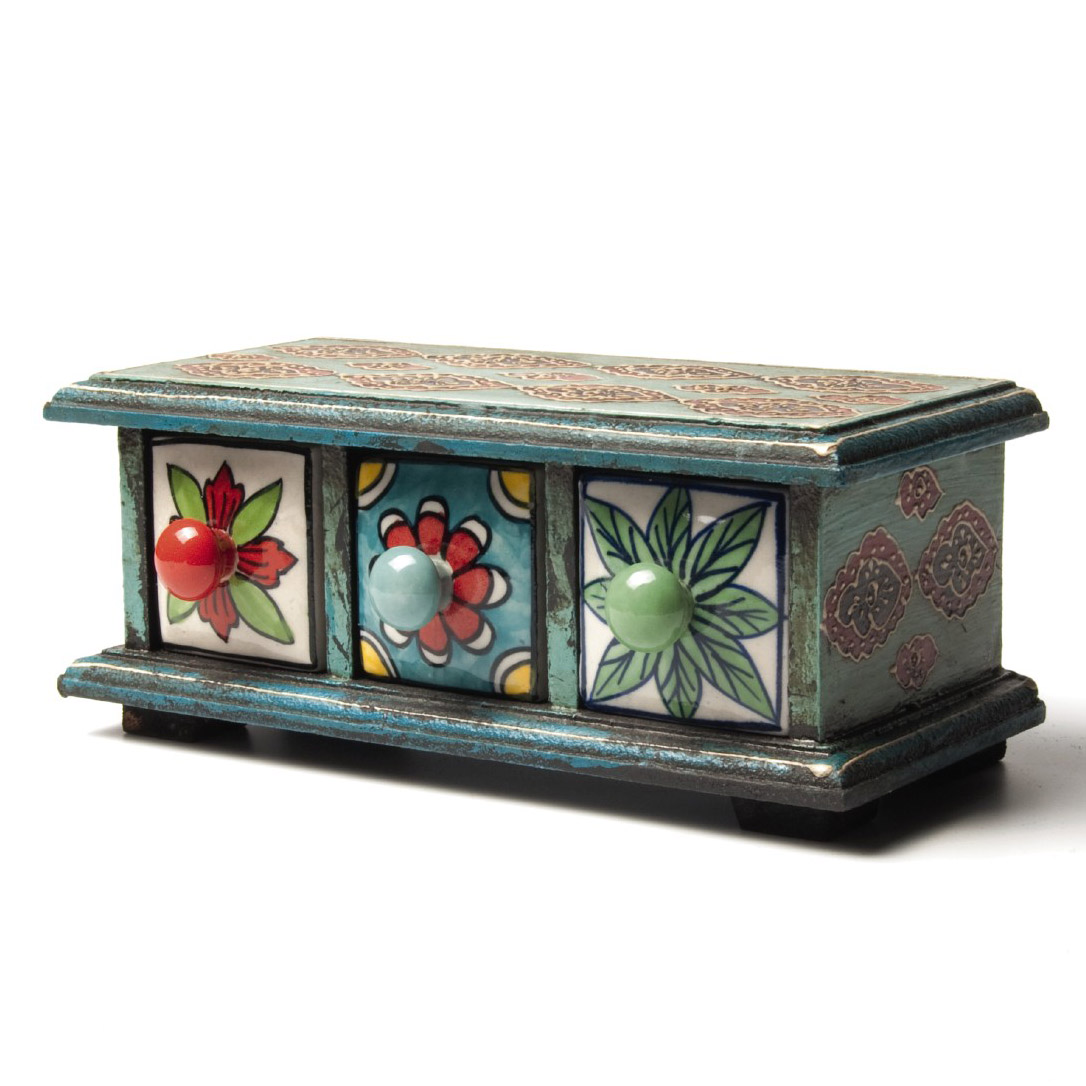 Schubladentruhe mit 3 Schubladen, blau/türkis/weinrot, L 10 cm, B 23,5 cm, H 10 cm von fischer's lagerhaus