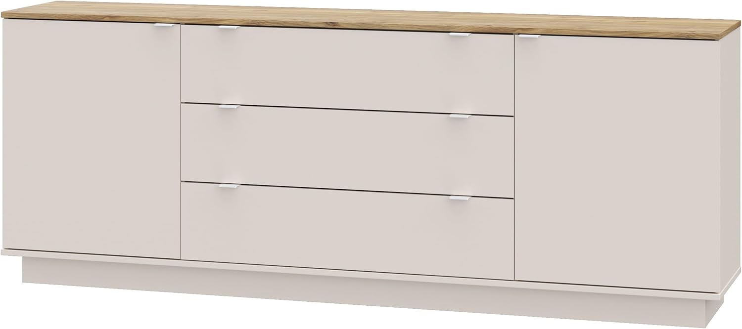 Forte GANYMEDE Sideboard 230, minimalistisches Sideboard, 2-türig, 3 Schubladen, Holzwerkstoff, Wohn-/Schlafzimmer, Mauvella Eiche Holzdekor|Kaschmirbeige, 224,5 cm breit x 85,7 cm hoch x 41,3 cm tief