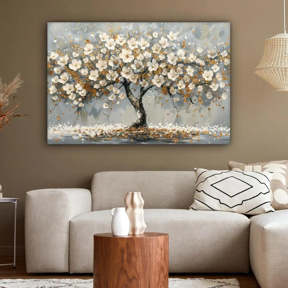 MuchoWow Canvas Schilderij 120x80cm Boom Bloemen Wit Natuur