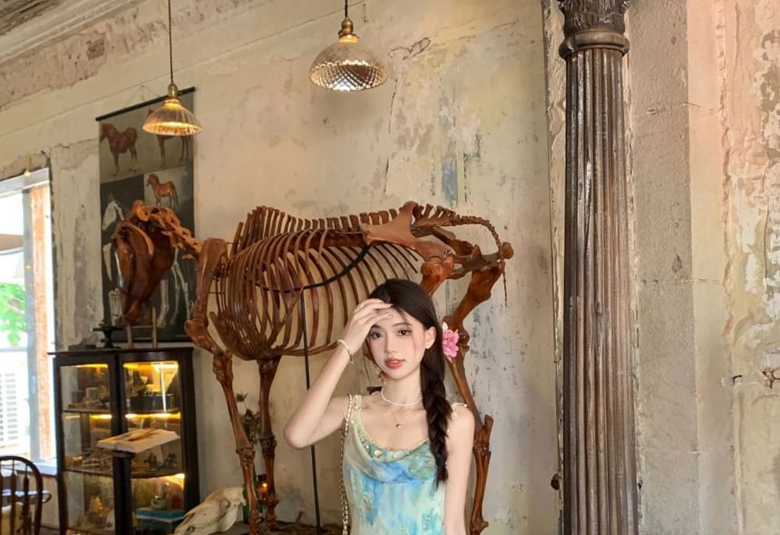 Trendycas - Spaghettibandjes, coltrui, tie-dye kanten rand, imitatieparel franjes, maxi-zeemeerminjurk
