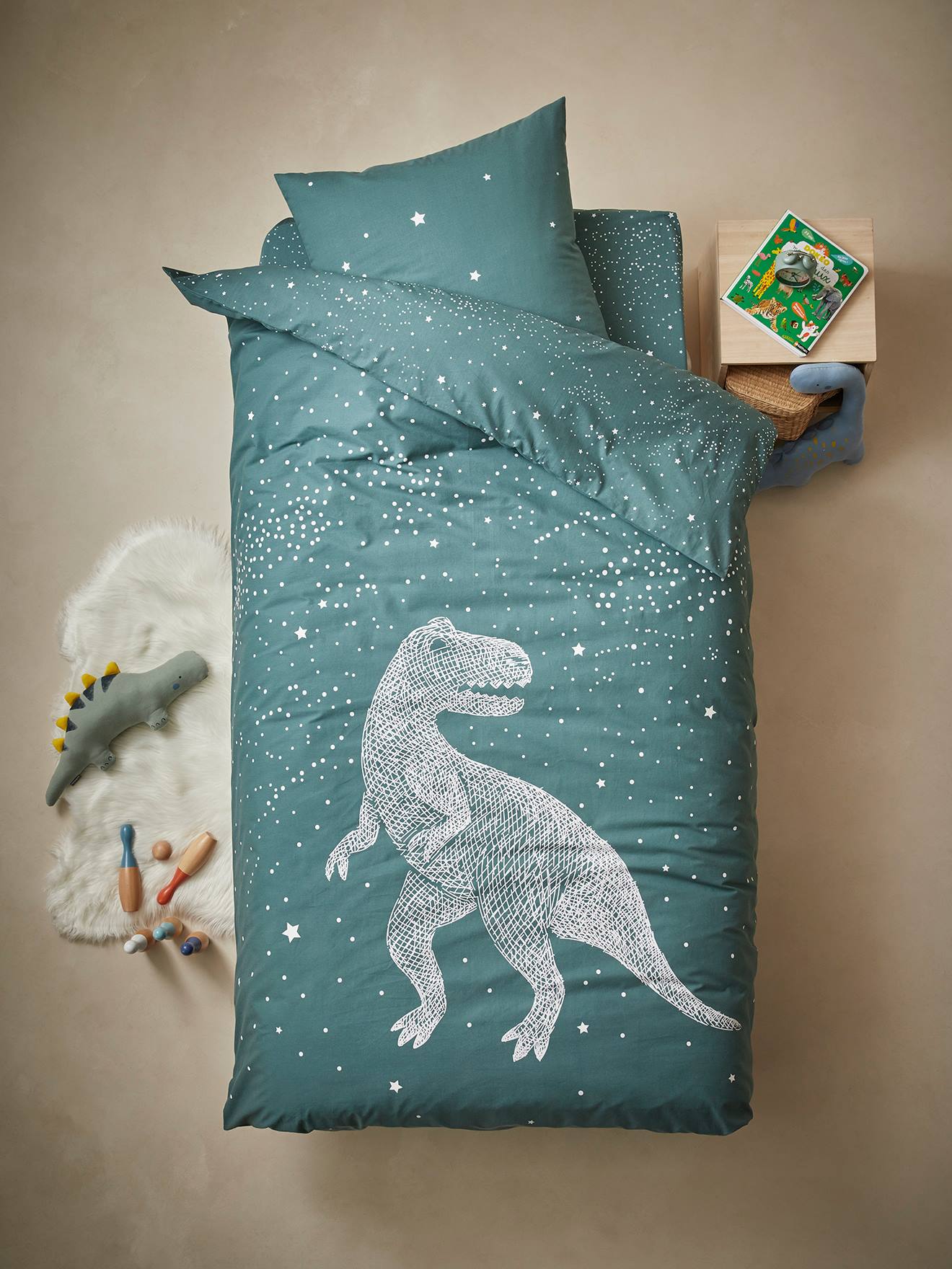Conjunto de capa de edredom e fronha com detalhes fluorescentes, estampa lisa verde-escura Star T-Rex.
