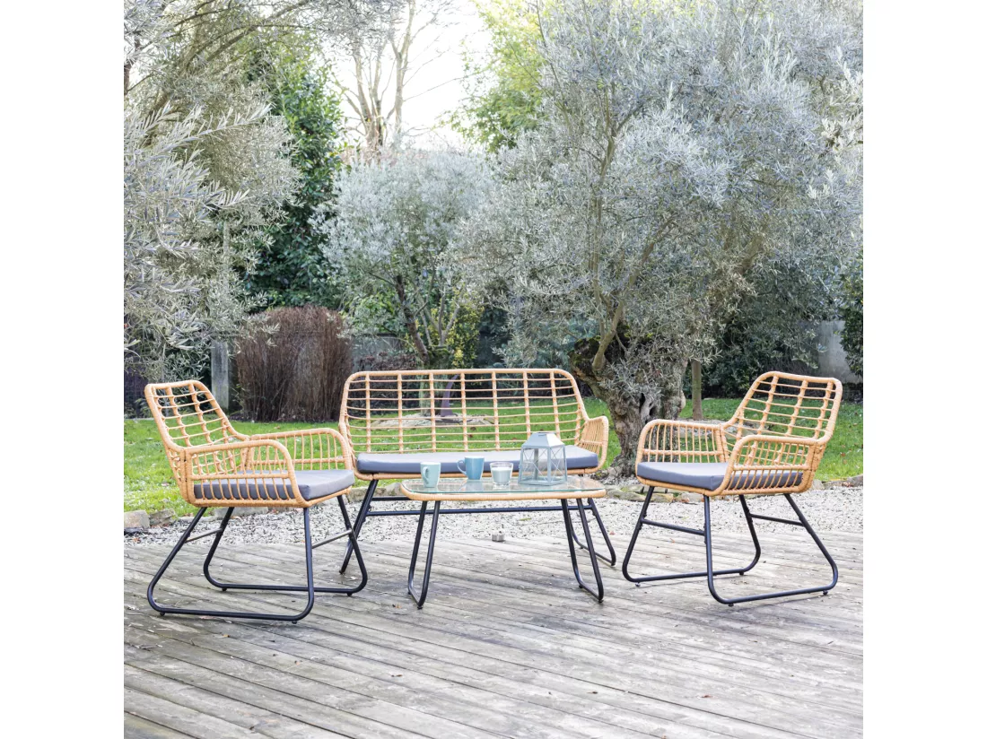 Salon de jardin TIGA en résine tressée 4 places - coussins gris - HAPPY GARDEN