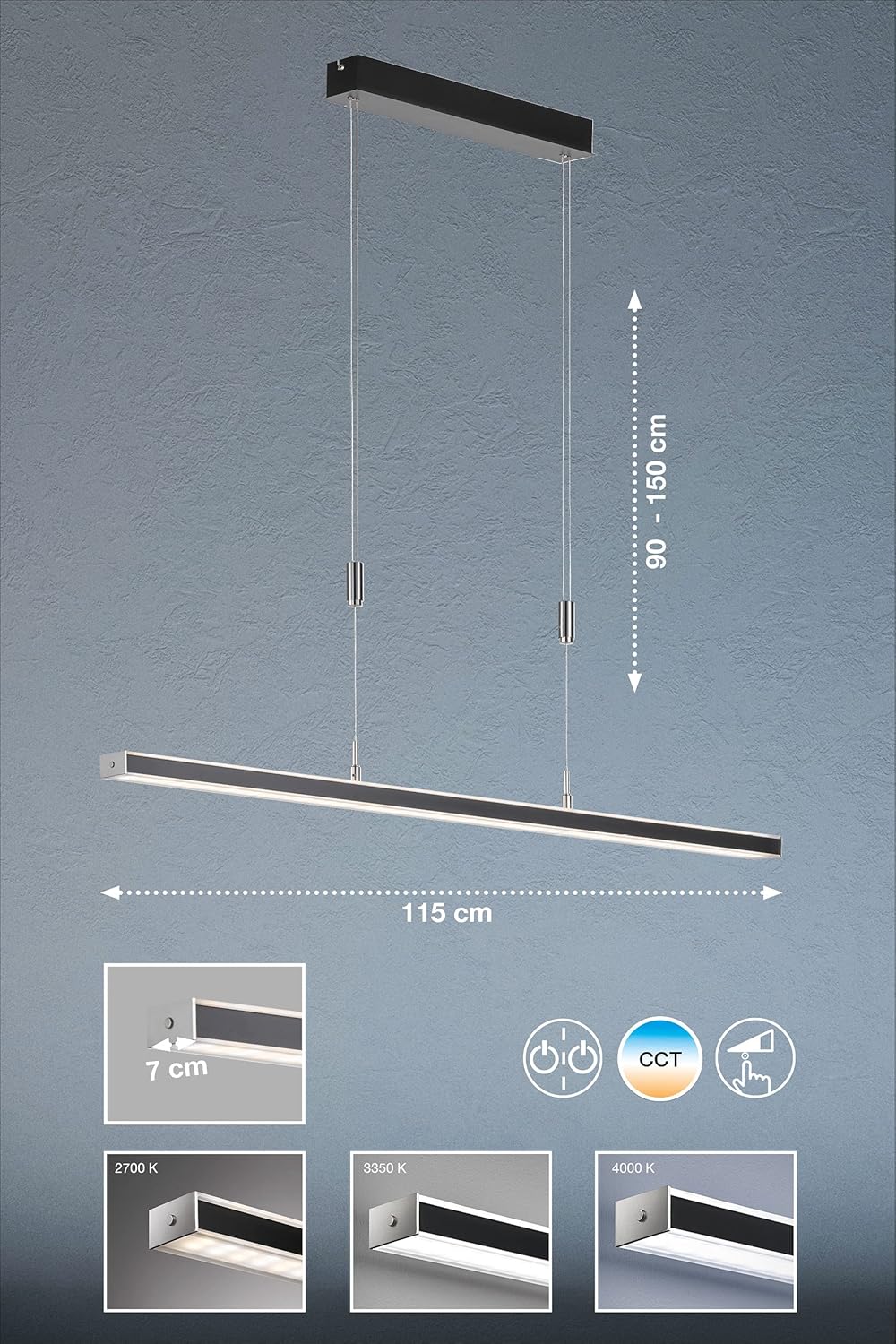 Fischer & Honsel Pendelleuchte Vitan TW | Helligkeit Stufenlos Dimmbar | Farbtemperatureinstellung 3 Stufen | Höhenverstellbar | 60538 | EEG: F
