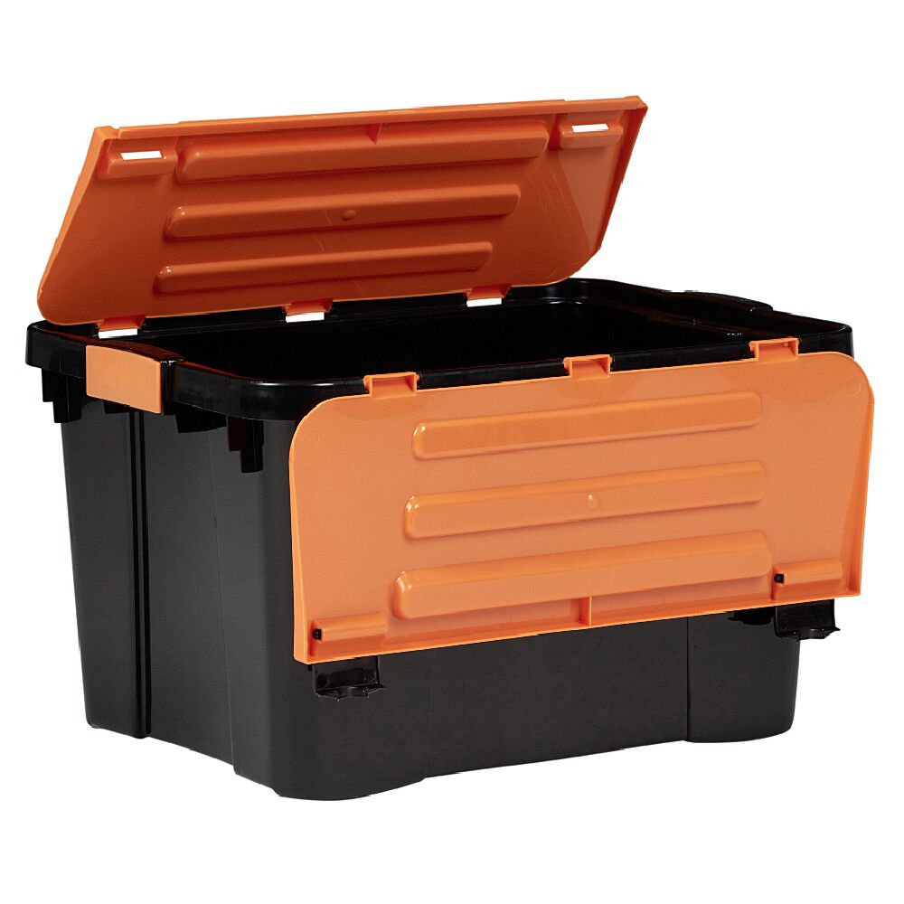Box de rangement brico noir avec couvercle orange à double ouverture 34L