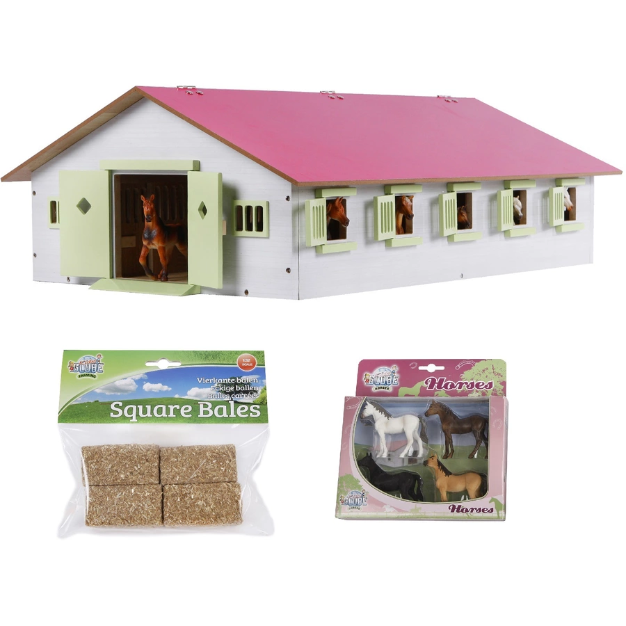 Kids Globe Farming Reiterhof Set Pferdestall 9 Boxen 4 Pferde 4 Heuballen Weiß, Rosa Weiß