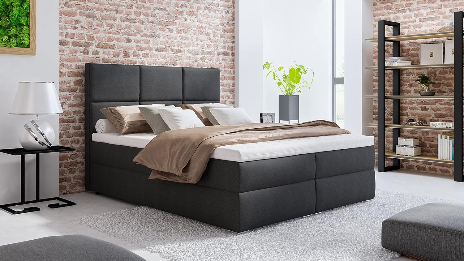 Boxspringbett 180x200 mit 2 Bettkasten - Doppelbett mit Federkernmatratze und Topper - Polsterbett mit Hebemechanismus für Schlafzimmer - Bett mit Kopfteil - Einfach zu Montieren (Dunkelgrau)
