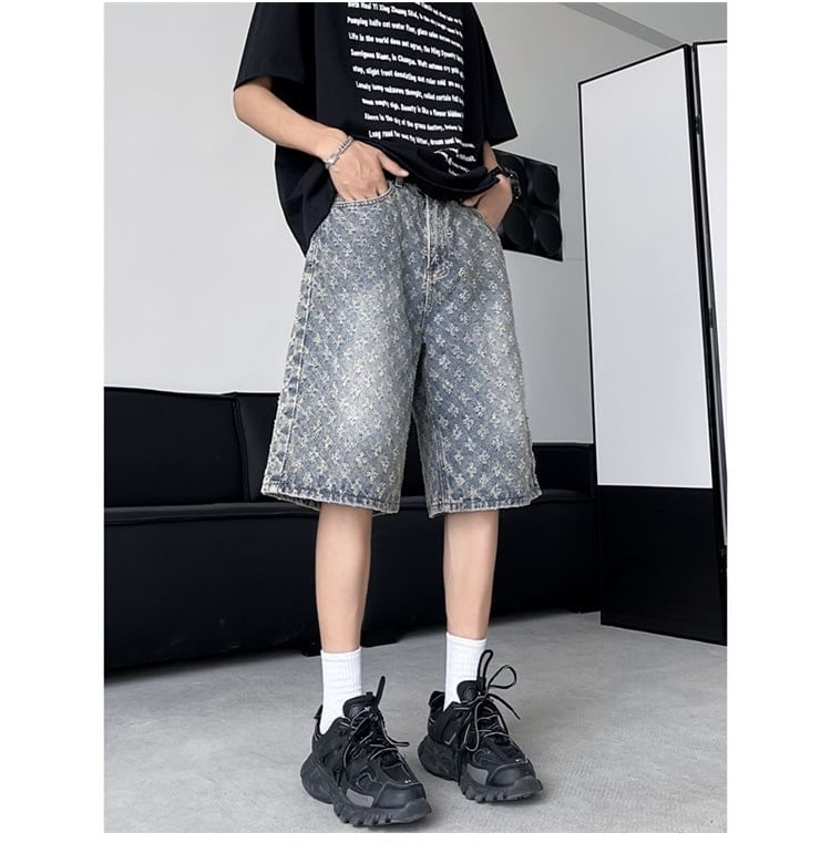 Hushgrain - Mid Rise Jacquard Washed Wide Leg Denim Shorts