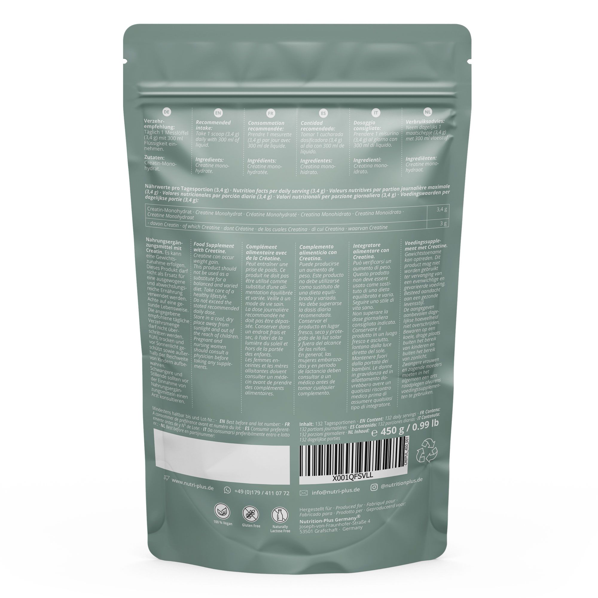 nutri+ Kreatin Monohydrat Pulver - 450g Creatin