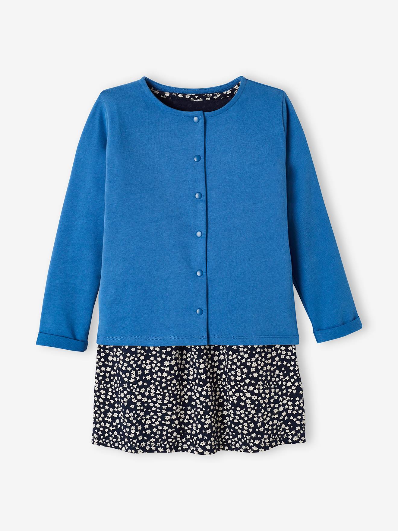 Conjunto de vestido e casaquinho infantil, azul médio liso