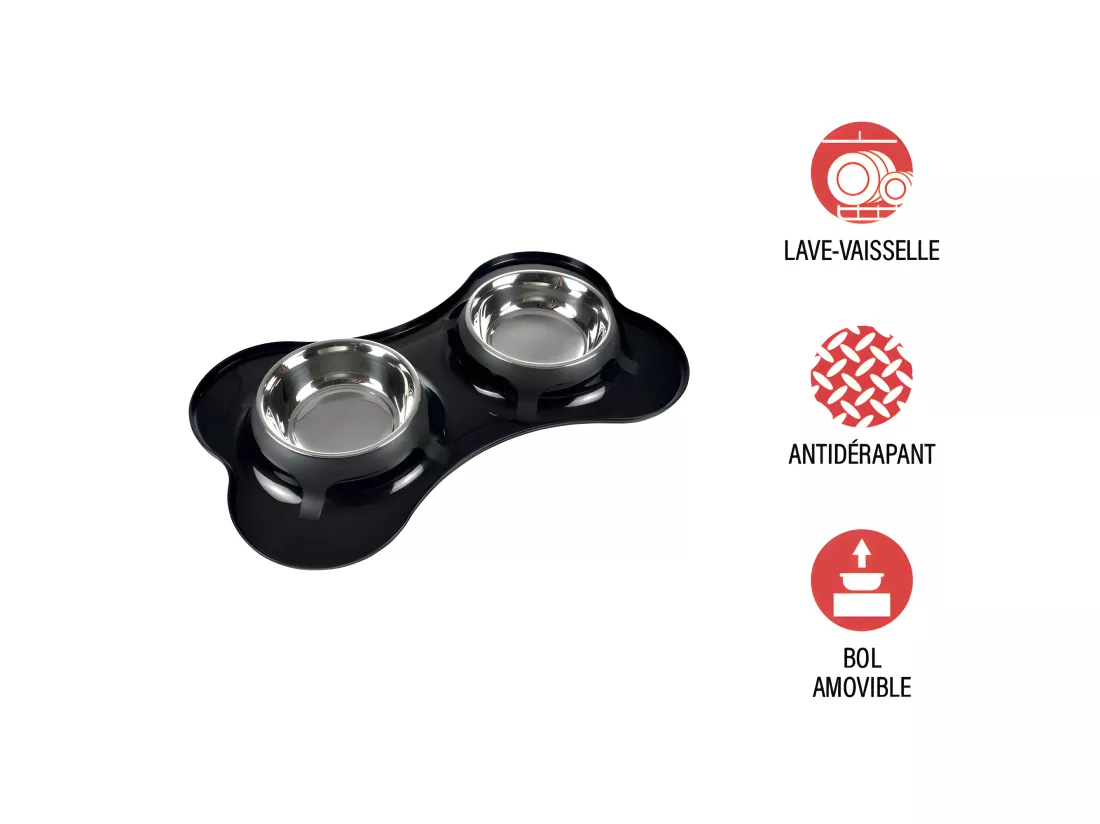 Gamelle double antidérapantes en inox forme os - Noir - 2 x 400 ml