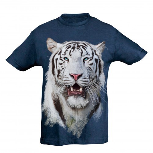 Camiseta infantil branca com estampa de cabeça de tigre azul