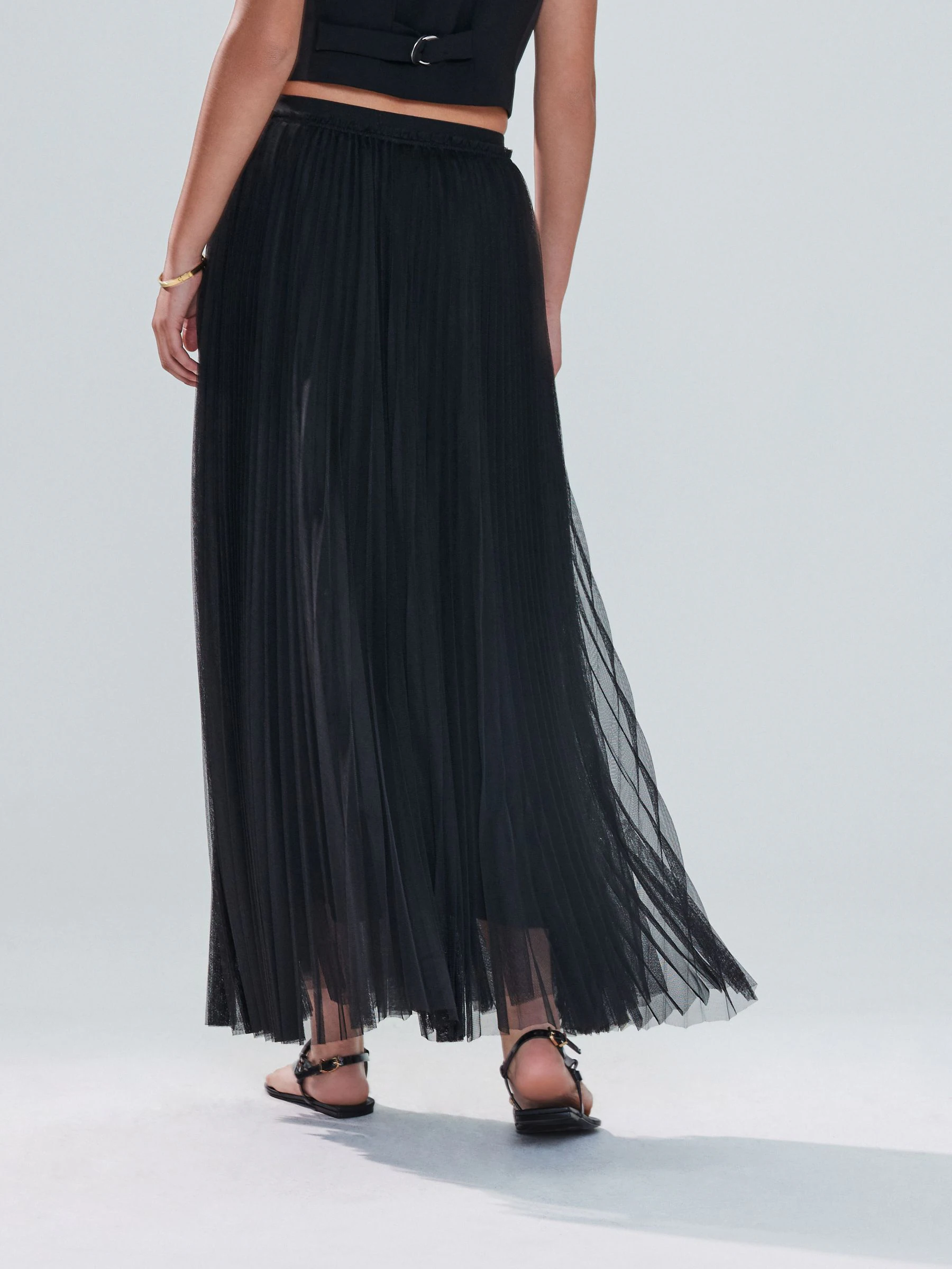 Zwart - Pleated Mesh Tulle Maxi Skirt