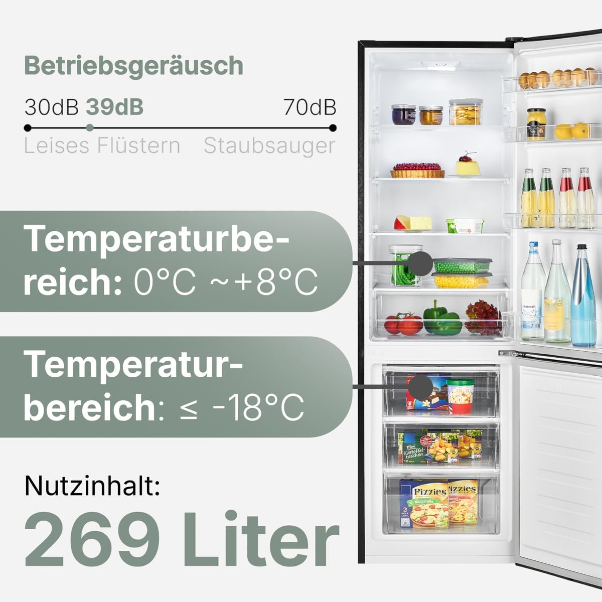 Bomann Kühlschrank mit Gefrierfach | Energieklasse D | 180cm | Kühl Gefrierkombination leise 39 dB | 4 Ablagen & 3 Schubladen | Türanschlag wechselbar | 269L Kühlgefrierkombi | KG 184.1 schwarz