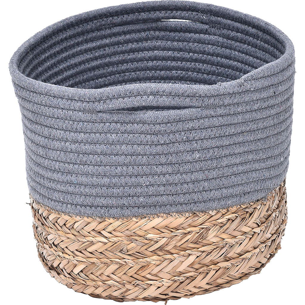 Panier ovale bi-matière roseau tressé et coton gris 32x20x25cm
