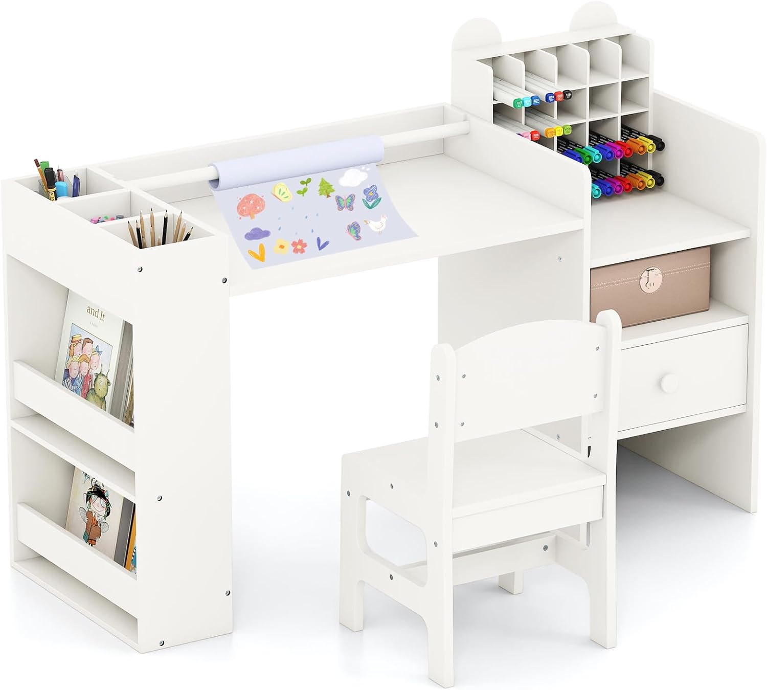 COSTWAY Kinder Tisch Stuhl Set, Maltisch mit abnehmbarem Papierrollenhalter & Fächerschrank, Kindertisch mit Stauraum, Regalen & Schublade, Kindersitzgruppe für Kinder ab 3 Jahren