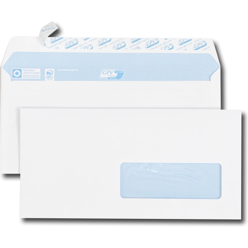 Enveloppe blanches 110 x 220 mm GPV 90 g avec fenêtre 35 x 100 mm - Boîte de 500