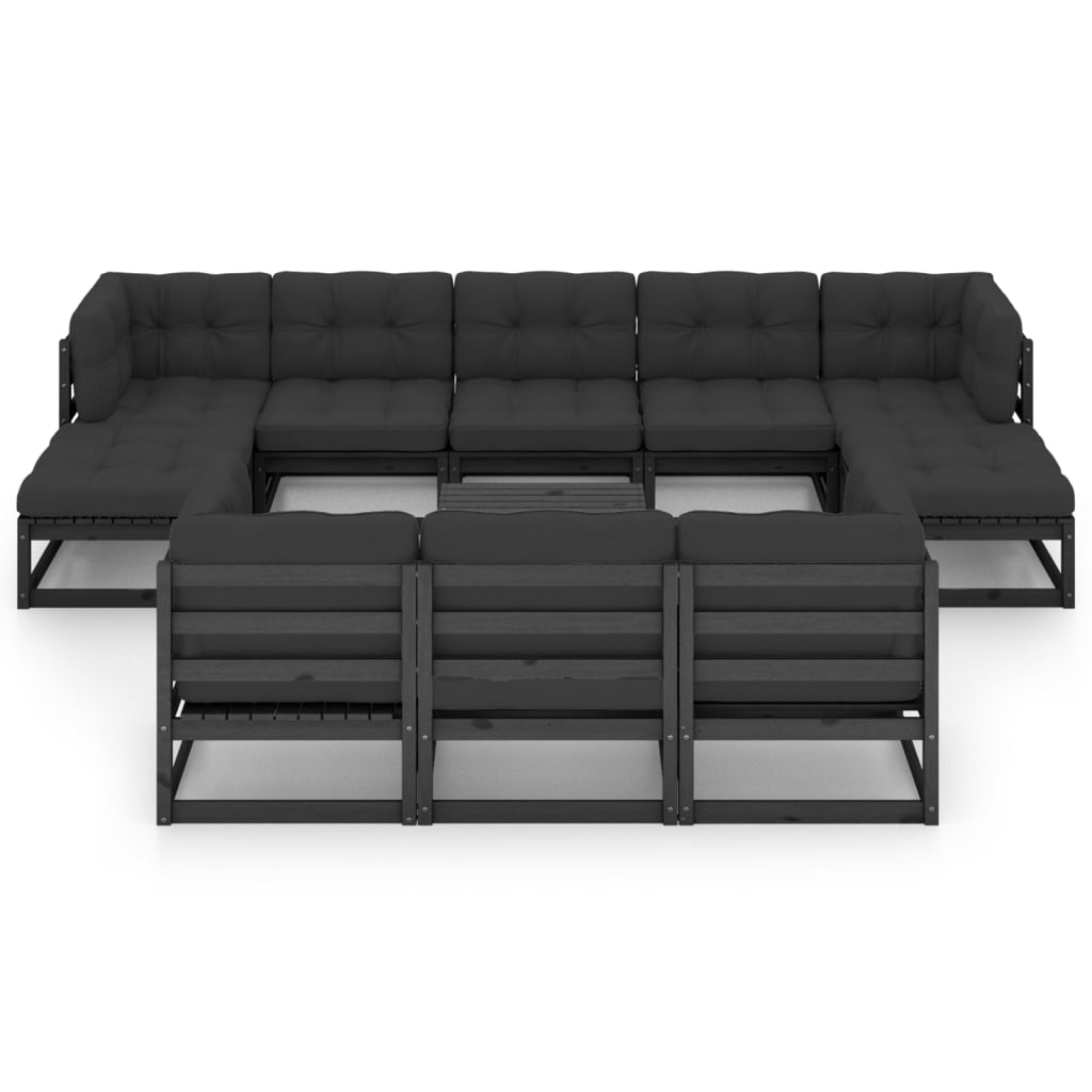 Salon de jardin meuble d'extérieur ensemble de mobilier 11 pièces avec coussins noir bois de pin massif