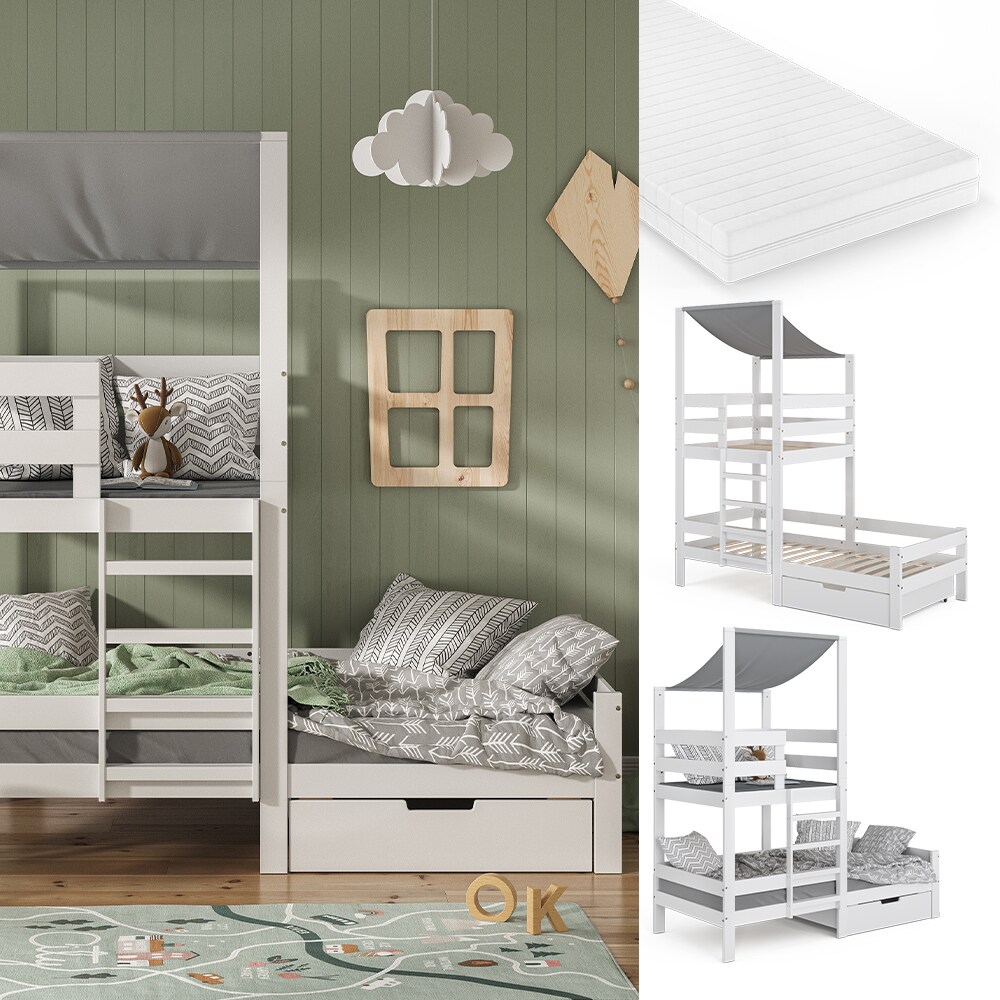 VitaliSpa Spielturmbett Kinderbett Spielbett Tom Weiß modern 204x218 cm Massivholz Kinderzimmer Lattenrost Bettleiter Bett Schublade Matratze Abenteuerbett Kletterbett