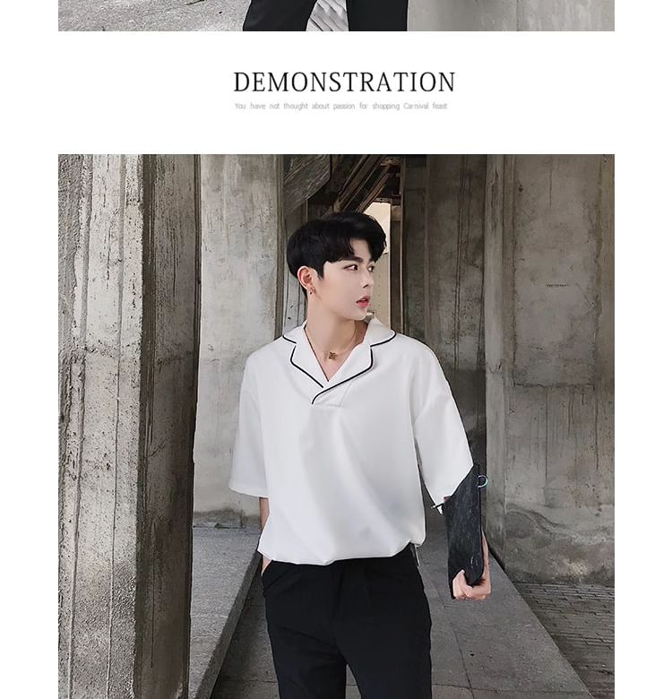 Bjorn - T-shirt met 3/4-mouwen, reverskraag en contrasterende bies en split