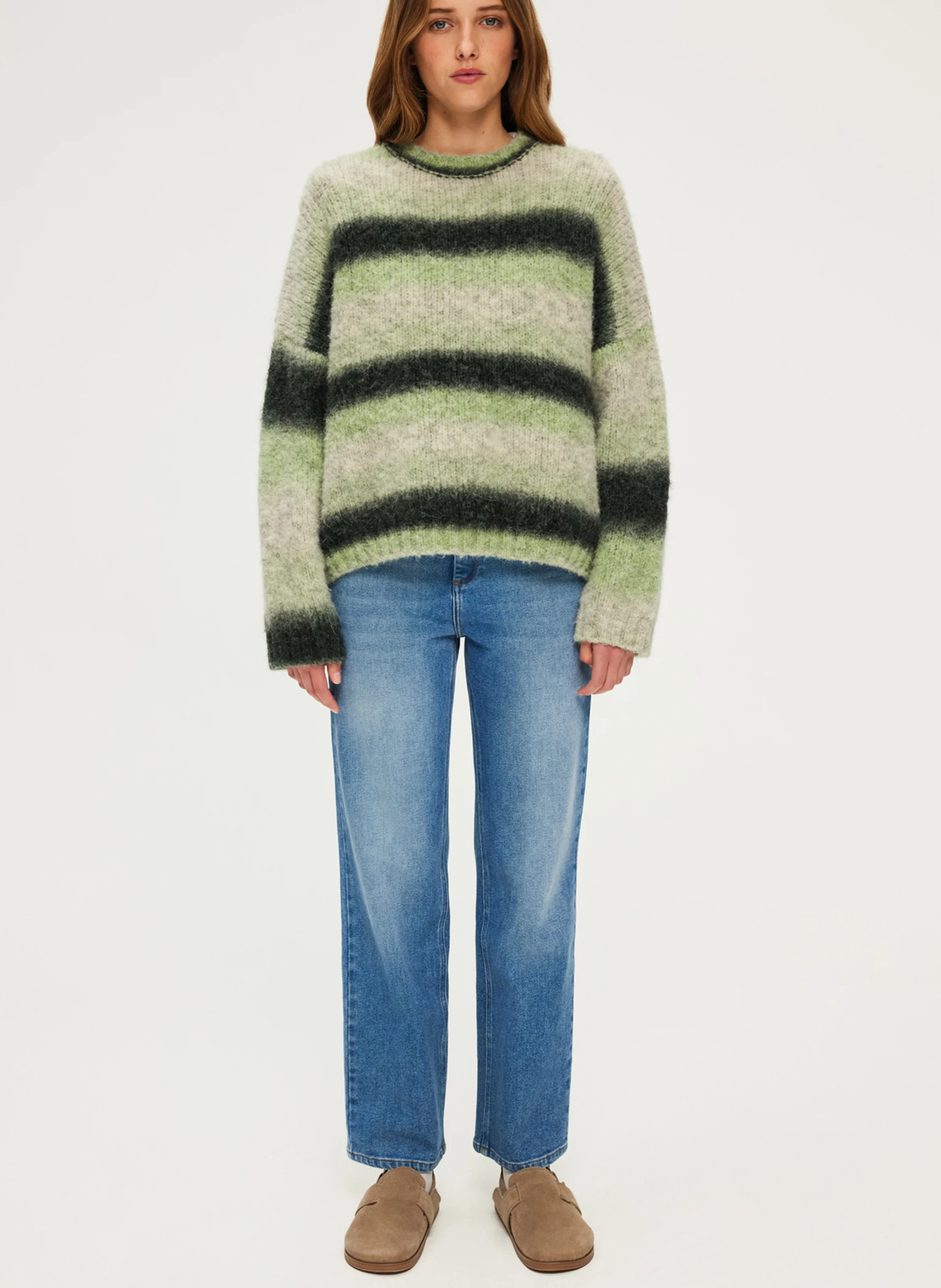 JOYA - Pull oversize rayé en laine mélangée | Kaki
