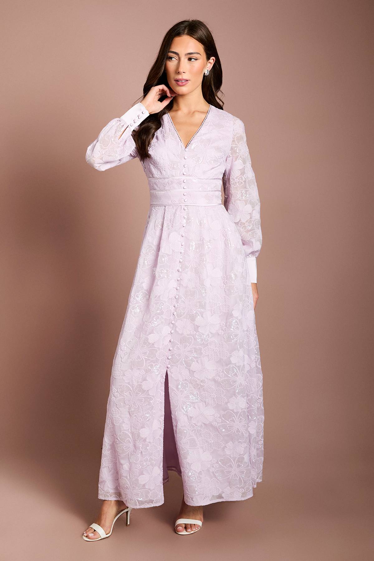 Coast Robe Midaxi en Maille à Fleurs Pailletées avec Manches Bouffantes et Col en V
