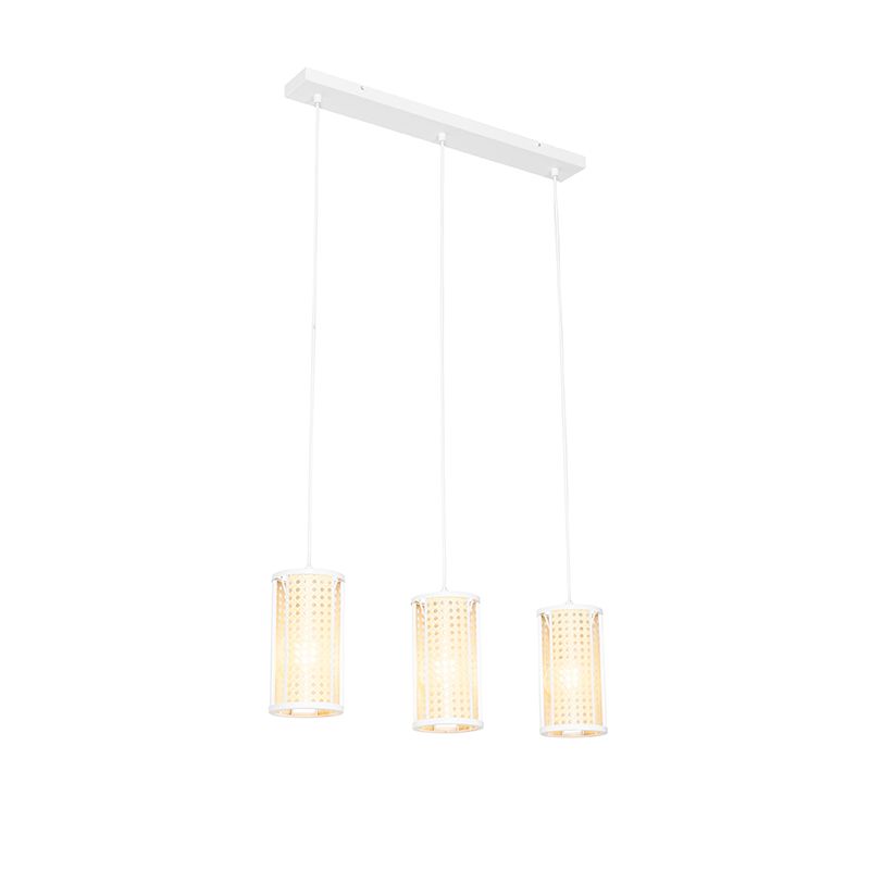Oosterse hanglamp wit met rotan 3-lichts langwerpig - Akira