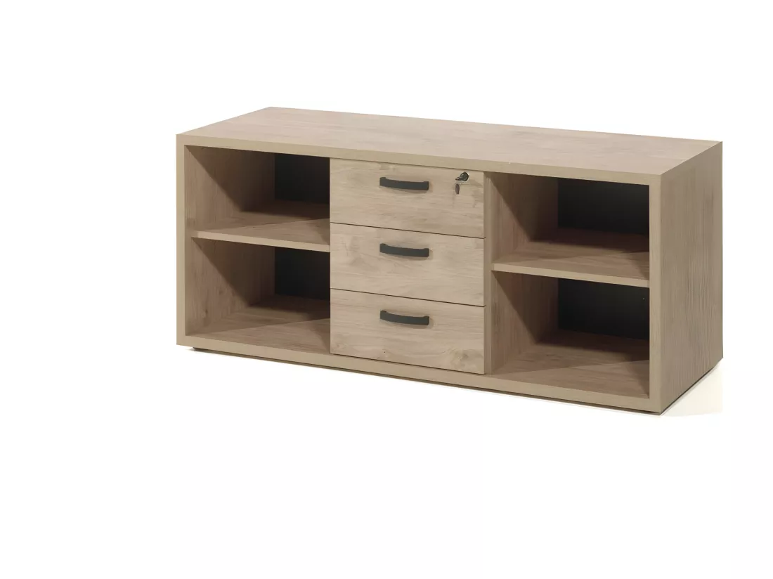 Buffet bas de rangement pour bureau 4 niches et 3 tiroirs coloris chêne doré collection DEPÉ