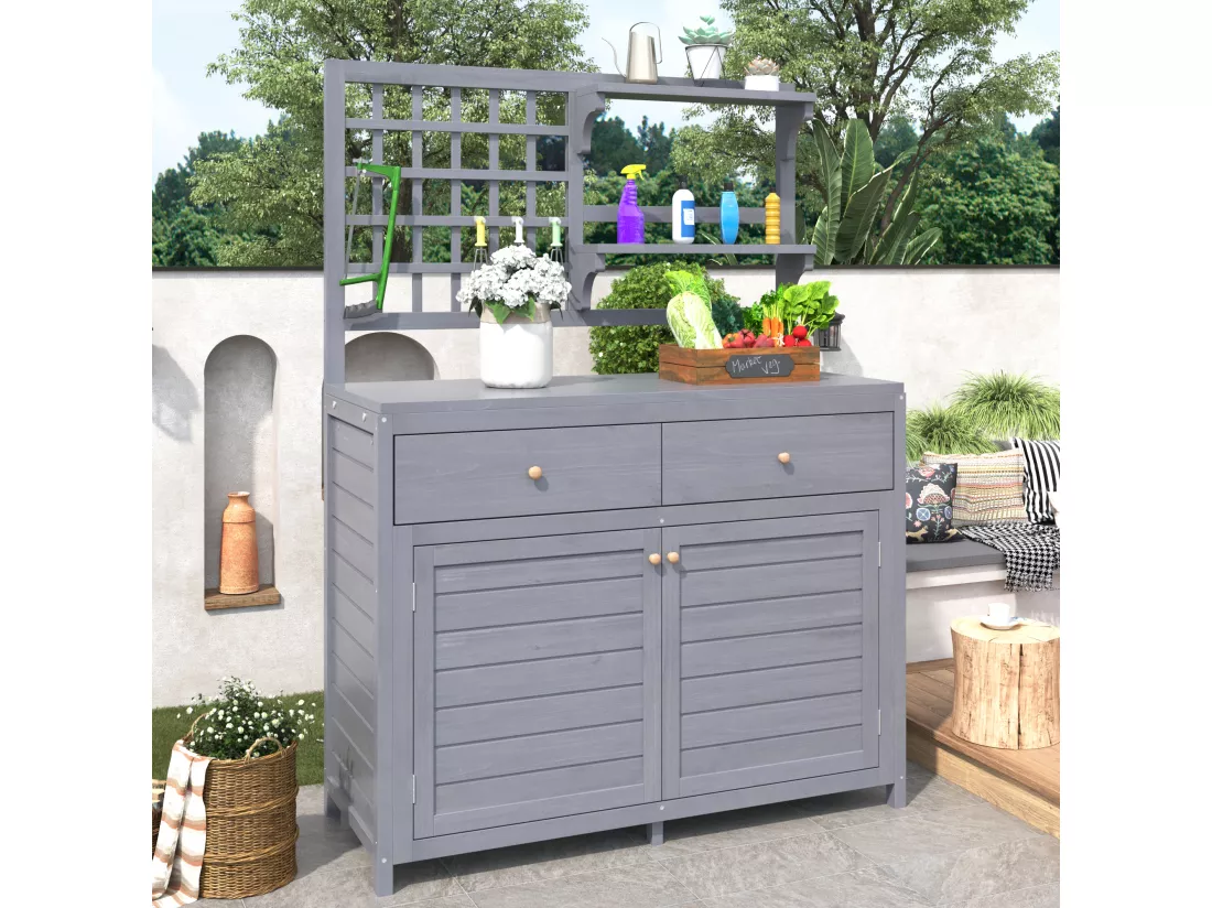 Armoire de jardin, abri de jardin en bois massif avec 2 portes, 2 tiroirs et étagère de rangement - 141.5 x 44 x 105 - Gris