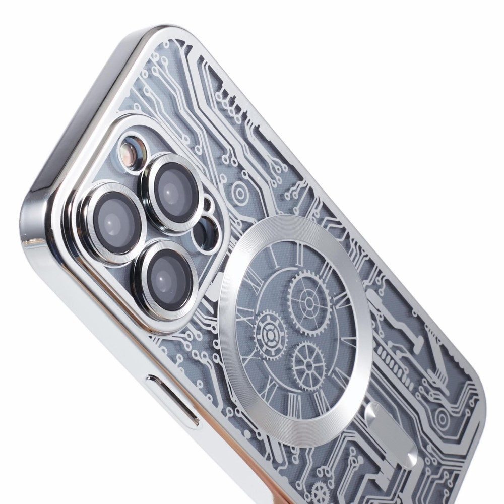 iPhone 15 Pro MagSafe Gummi Case Hülle Galvanisierter Rahmen im Mechanischen Zahnrad Design   Kameraglasschutz - Silber