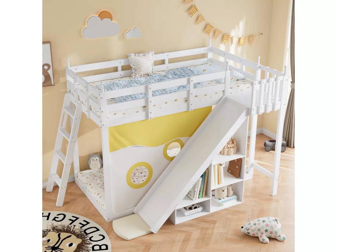 Lit superposé pour enfants avec escalier et barrière, rideaux de lit, toboggan et étagère, blanc (90x200 cm)