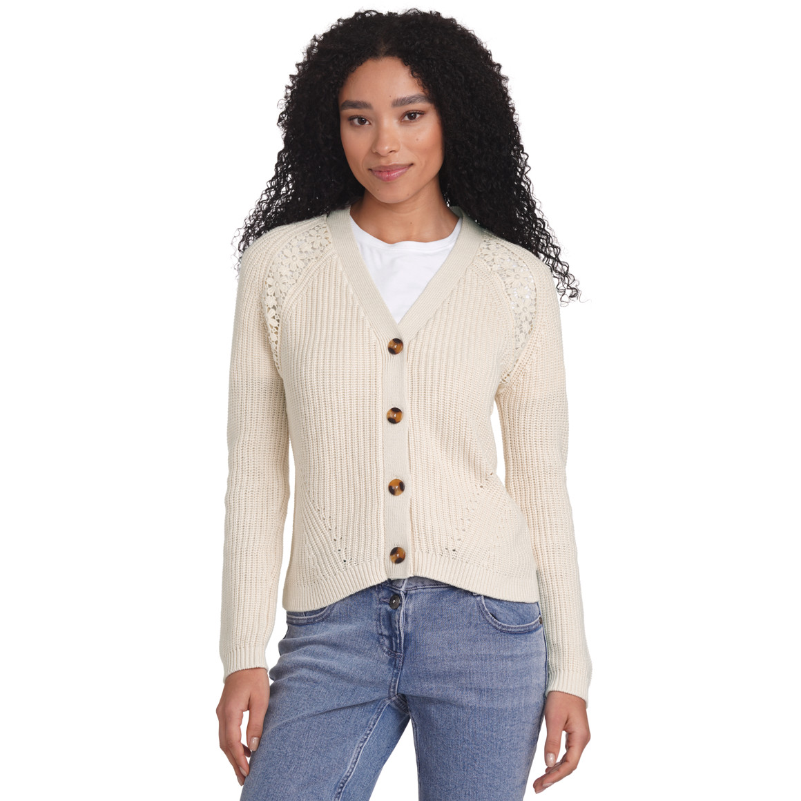 Gina Damen Strickjacke mit Spitze hellbeige