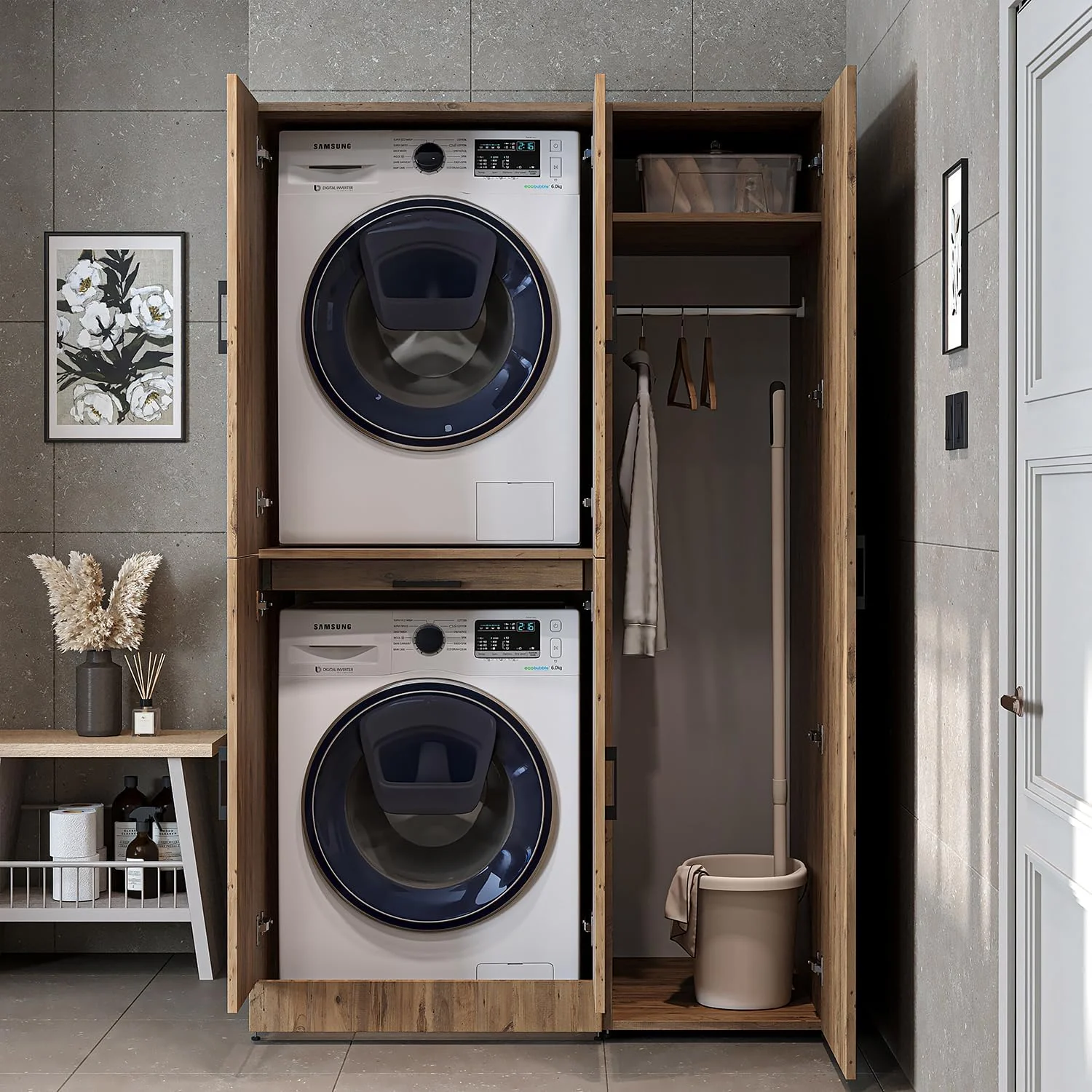 ROOMART Dora - Armoire de machine à laver - Pour sèche-linge et machine à laver - En 4 couleurs - Avec portes et panneau coulissant - Blanc - Chêne blanc - Chêne anthracite - Chêne blanc (chêne blanc)