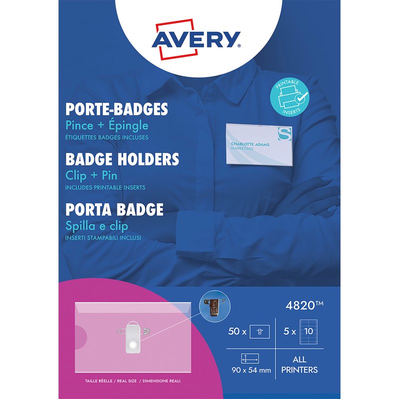 Badge Avery à pince et épingle 54 x 90 mm - Boîte de 50