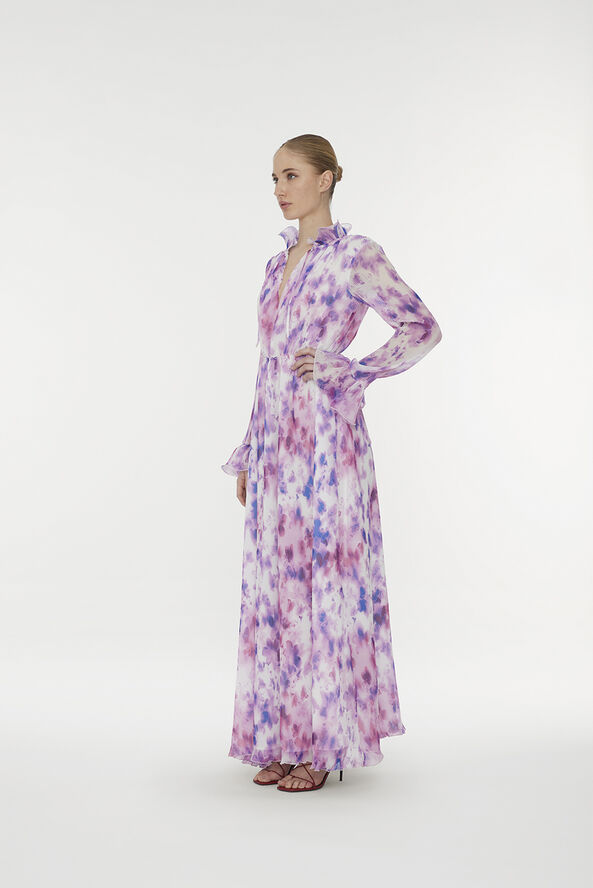 ROTATE Birger Christensen Chiffon Maxi Flowy Dress Optic buttercup   peach blossom comb.
