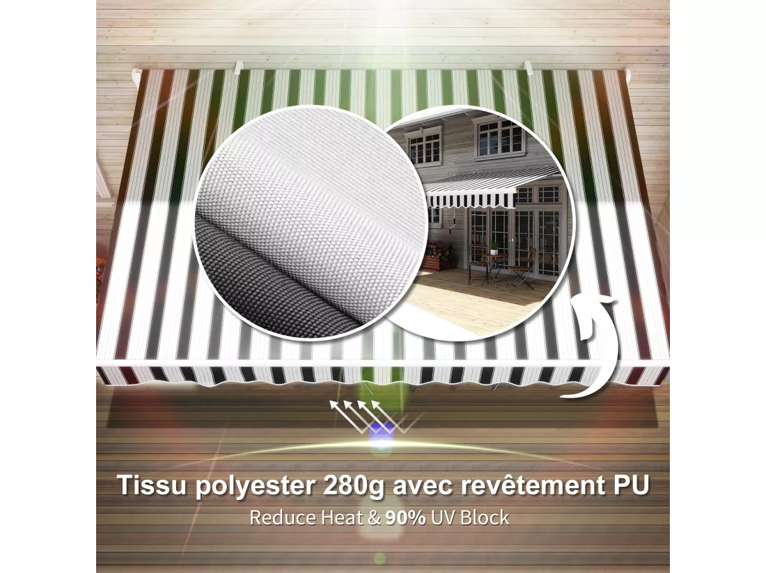 Store banne manuel rétractable alu. polyester imperméabilisé haute densité 4 x 2,5 m bleu blanc rayé